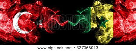 Turkey Vs Senegal, Senegalese Smoke Flags Placed Side By Side. Thick Colored Silky Smoke Flags Of Tu