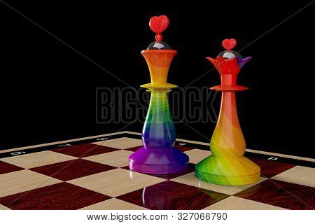 Chess In The Colors Of The Rainbow Or The Lgbt Community. Chess Pieces - King And Queen On A Chessbo