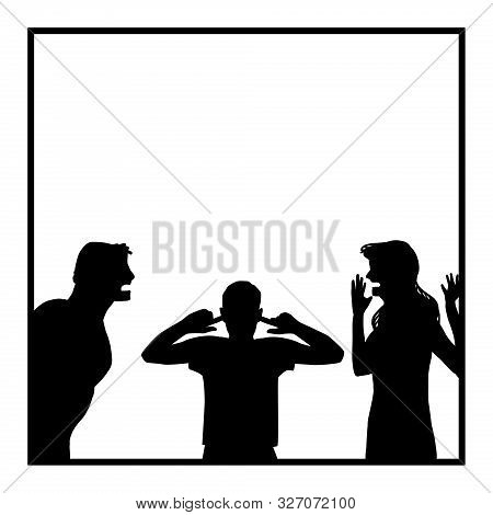 Quarreling Parents With Annoyed, Stressed Son Covering His Ears Because Of The Aggressiv Screaming, 
