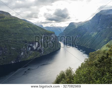 View On Geirangerfjord In Sunnmore Region, Norway, One Of The Most Beautiful Fjords In The World, In
