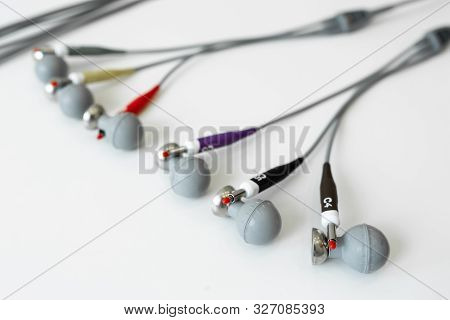 Sensors Electrodes With Suction Cups Lie On A Table In An Ecg Cabinet.