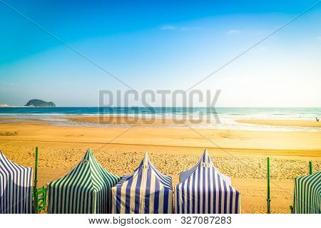 View Of Colorful Tents Of Zarauz Beach, Pais Vasco, Spain, Toned