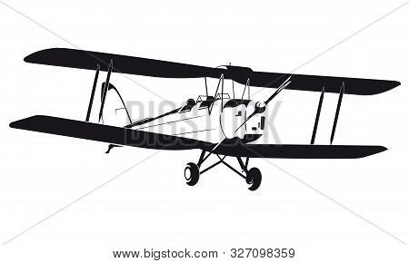 A Drawed Double Decker Illustration Flying With Two Pilots On A White Background