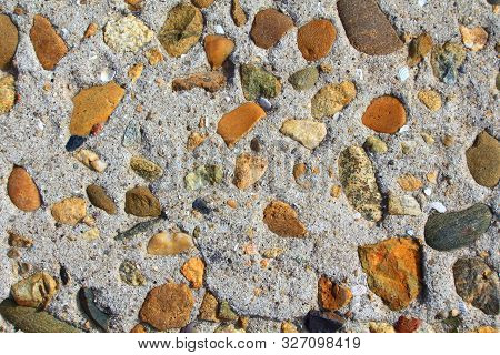 Background Stones And Sand In Concrete, Gray Sand And Colored Stones