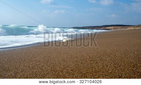 Foam And Waves In The Sea On A Sunny Day. Foam And Waves In The Sea. Powerful Waves Crushing For Bac