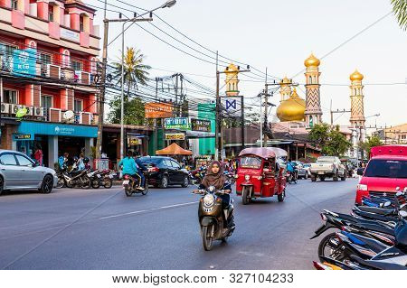 Ao Nang Thailand. 7 February 2019. A Street Scene Featuring Masjid Aonang Al-munuawarah Mosque In Ao