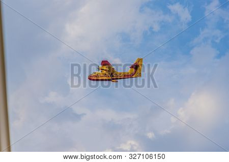 Age France. 2july 2019. A Bombardier 415 Civile Superscooper Aircraft Flying In France In France