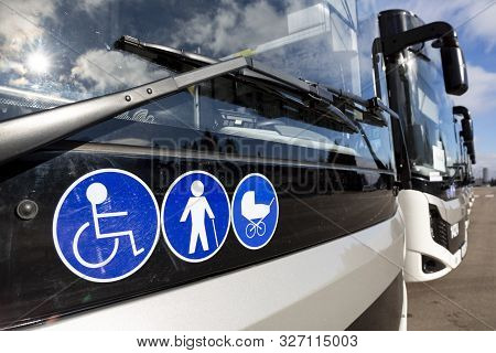 New Modern Busses On Lpg. International Symbol Of Access - Wheelchair Symbol (handicapped, Physicall