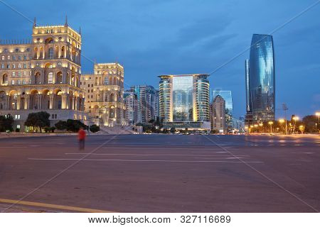 Azerbaijan, Baku At Night Azadlig Square In Front Of The Government House Evening Side. Platitude Fr