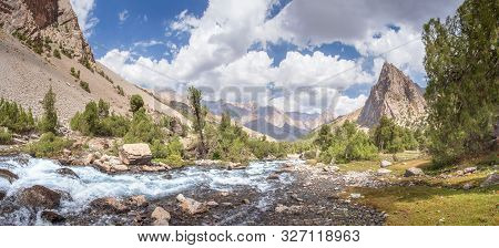 Scenic Mountain Landscape In Fann Mountains, Tajikistan. Amazing View On Mountain Valley With Water 