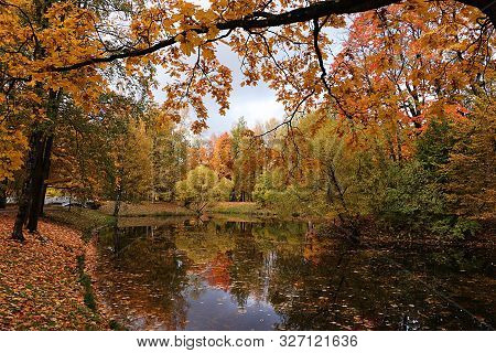 October Autumn Park In Russia, Trees With Yellow Leaves And Reflection In The Lake, Alexander Park, 