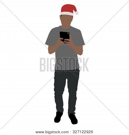 Man In Santa Hat Taking Selfie Full Length In The Mirror. Isolated Stock Flat Vector Illustration