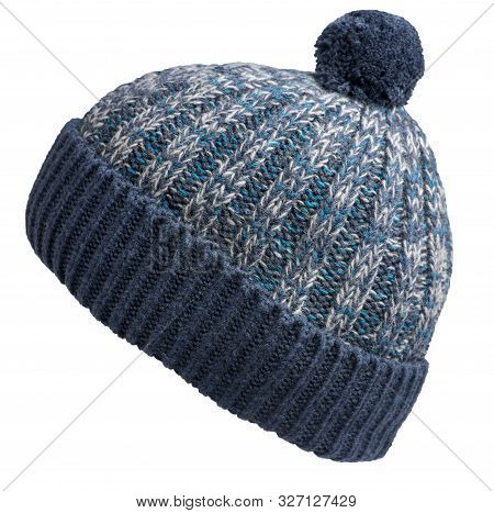 Knitted Blue Hat Isolated On White Background.hat With Pompon Side View.