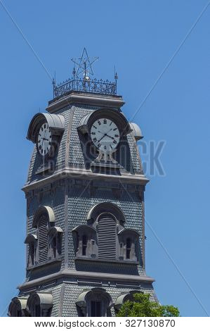 Clock Tower Of The Hood County Courthouse In Historic Granbury, Texas