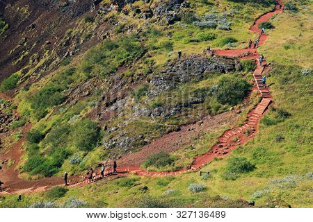 PINGVELLIR, 10 SEPTEMBER, 2019: Tourists enjoying the autumn landscape in Pingvellir National Park, Iceland, Europe