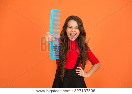 Get Rid Of Annoying Tangles. Large Comb. Girl Long Hair Hold Enormous Comb Close Up. Hairdresser Sal