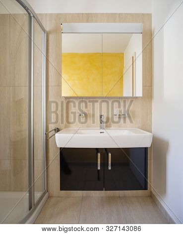 Front view with cabinet with sink and mirror. On the right the vestri of a shower. Detail