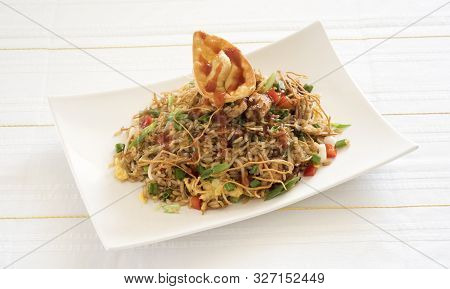 Peruvian Food, Arroz Chaufa Fried Rice Over White Background