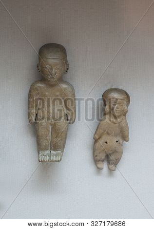 Caceres, Spain - March 28th, 2019: Guangala Civilization Figurines, Pre-hispanic Ecuadorian People. 