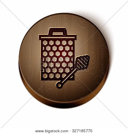 Brown Line Honeycomb With Honey Dipper Stickicon Isolated On White Background. Honey Ladle. Honey Ce