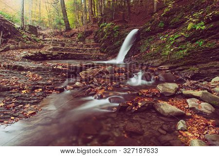 Autumn Mountain Waterfall Stream In The Rocks With Colorful Red Fallen Dry Leaves, Natural Seasonal 