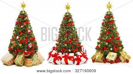 Christmas Tree Isolated Over White Background, Set Of Decorated Xmas Tree With Present Gift Boxes