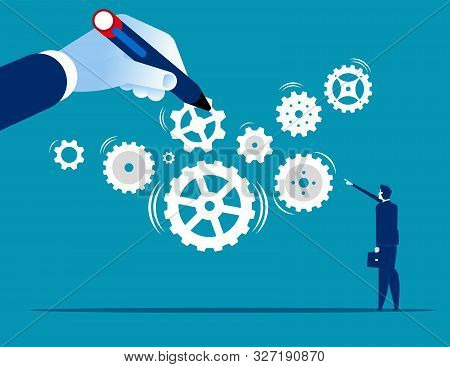 Business System. Leader Build A Business System With Gear, Concept Business Teamwork Vector Illustra