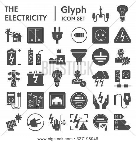 Electricity Glyph Icon Set, Power Symbols Collection, Vector Sketches, Logo Illustrations, Electrici
