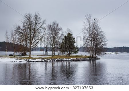 View Of The Tallisaari Island On The Frozen Lake. Winter Landscape In Finland, Savonlinna, Finland.