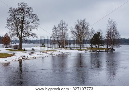 View Of The Tallisaari Island On The Frozen Lake. Winter Landscape In Finland, Savonlinna, Finland.