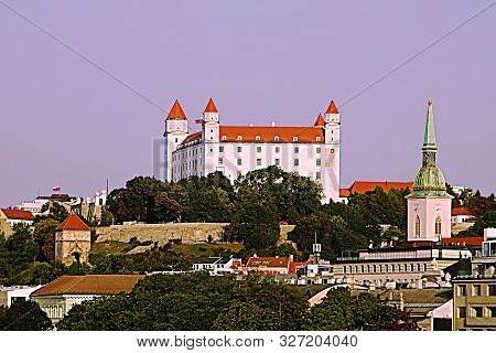 Bratislava Castle, Saint Martins Cathedral In The Old Town In The Morning, Bratislava, Slovakia. Two