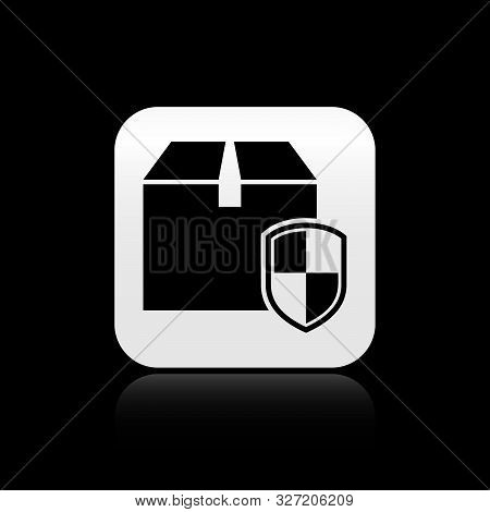 Black Delivery Pack Security Symbol With Shield Icon Isolated On Black Background. Delivery Insuranc