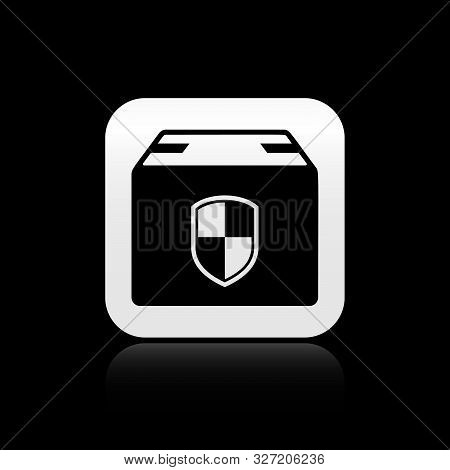 Black Delivery Pack Security Symbol With Shield Icon Isolated On Black Background. Delivery Insuranc