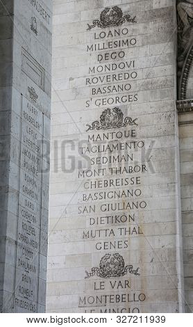 Paris, France - August 19, 2018: Name Of Place Of Battle And War Of Napoleon In French Language