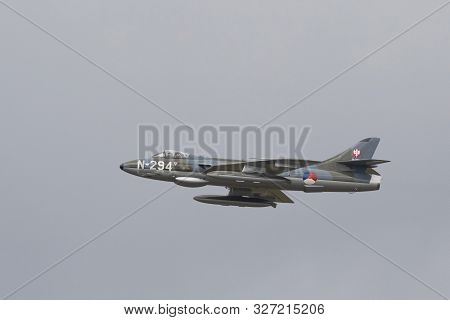 Volkel, The Netherlands - 15 Juni 2019: Hawker Hunter N-294 Old Fighter Jet In Action During The Air
