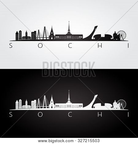 Sochi Skyline And Landmarks Silhouette, Black And White Design, Vector Illustration.