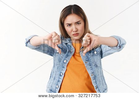 Bad Idea Wrong Choice. Intense Displeased Angry Rebellious Asian Blond Woman Express Disagree Dislik