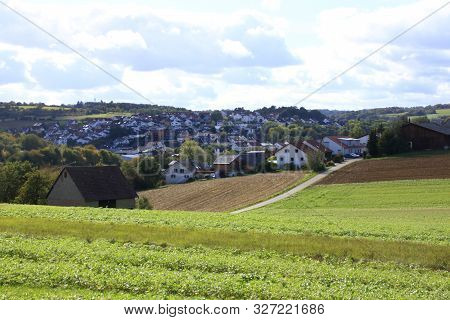 View Over The Heckengaeu At Weissach With Its Fields, Meadows And Orchards In Autumn