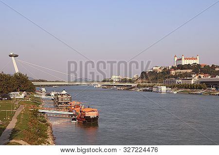 Bratislava, Slovakia - September 01, 2019: Aerial View Of Bridge Snp And Ufo Observation Deck (left)