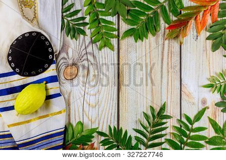 Religion Jewish Celebration Holy Holiday Sukkot. Etrog, Lulav, Hadas Arava Kippah And Shofar Tallit 