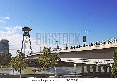 Bratislava, Slovakia - September 03, 2019: View Of Bridge Snp And Ufo Observation Deck, River Danube