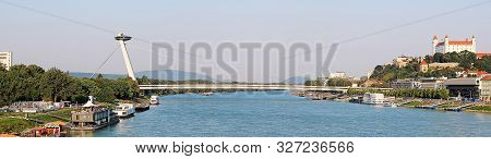 Bratislava, Slovakia - September 01, 2019: Aerial View Of Bridge Snp And Ufo Observation Deck, River