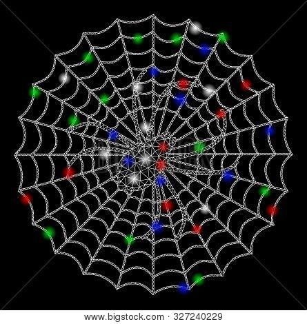 Bright Mesh Spider Net With Glare Effect. White Wire Carcass Triangular Mesh In Vector Format On A B