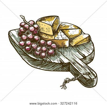 Gourmet Cheese And Grapes. Vector Sketch On A White