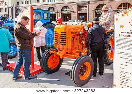 Moscow, Russia - October 08, 2019: Visitors Of Exhibition Of Agricultural Machinery On Revolution Sq