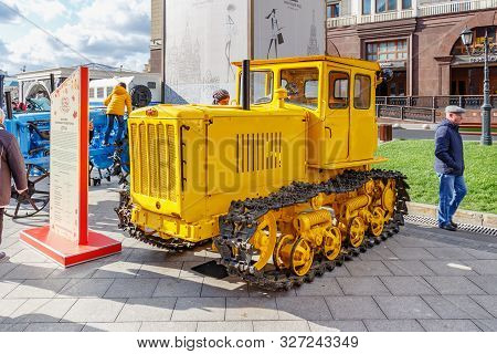 Moscow, Russia - October 08, 2019: Restored Soviet Arable Crawler Tractor Dt-54 With Diesel Engine. 