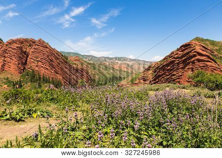 Seven Bulls Jeti Ogyz Valley Red Sandstone Formation In Kyrgyzstan