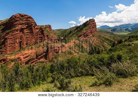 Seven Bulls Jeti Ogyz Valley Red Sandstone Formation In Kyrgyzstan