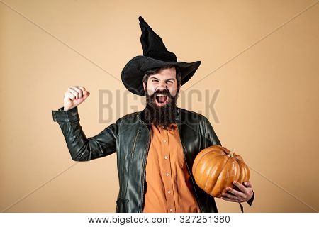 Bearded Halloween Man In Witch Hat - Studio Shot Close Up. Devil Man. Happy Halloween - Handsome Man