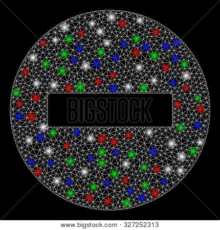 Bright Mesh Forbidden With Glare Effect. White Wire Carcass Triangular Mesh In Vector Format On A Bl
